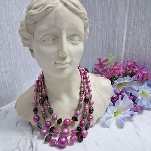 Vintage Japan Triple-Strand Beaded Necklace Pearly Purple Pink